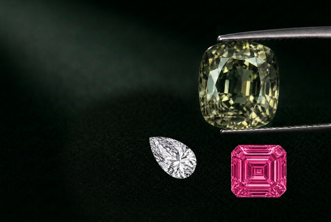 An olive-green cushion-cut sapphire in jeweller’s tweezers with a pear-shaped white diamond below-left, its tip pointing top-left, and a fully visible square emerald-cut pink sapphire below-right